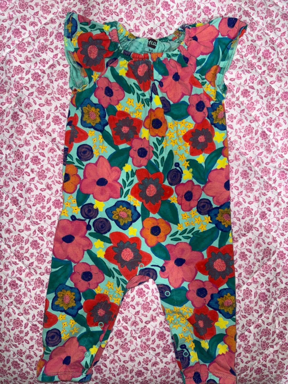 Tea Collection Multicolor Floral Baby Romper in Teal and Pink 6-9 Month